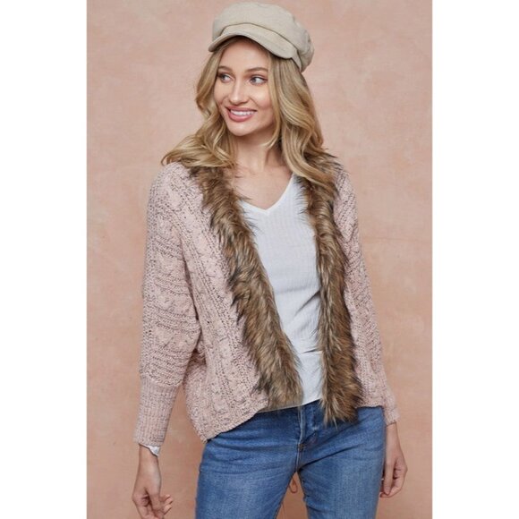 Faux Fur Trim Brown Cable Knit Cardigan | Boho Grunge Fairy Cottagecore Cozycore - Picture 14 of 16